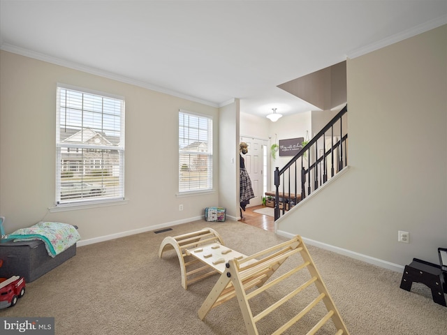 interior space featuring baseboards, carpet flooring, and crown molding