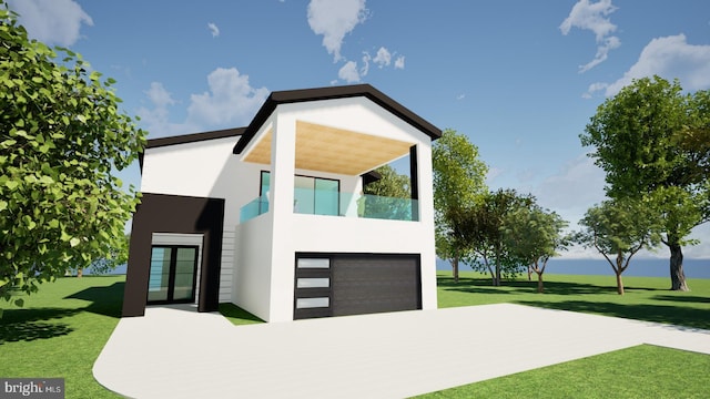 modern home with a balcony, stucco siding, a front lawn, french doors, and a garage