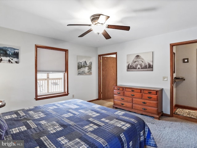 bedroom with baseboards, carpet floors, and ceiling fan