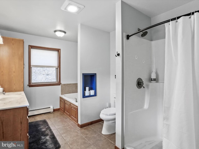 full bathroom featuring tile patterned floors, toilet, a baseboard heating unit, a shower stall, and a bath