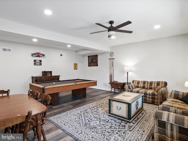 recreation room featuring wood finished floors, recessed lighting, a ceiling fan, and visible vents