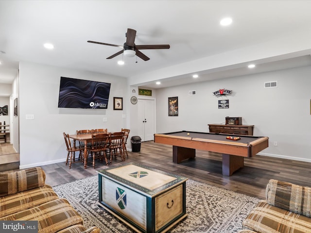 game room featuring visible vents, a ceiling fan, billiards, wood finished floors, and recessed lighting