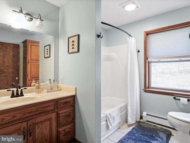 bathroom with vanity, tile patterned flooring, shower / bath combo with shower curtain, toilet, and baseboard heating