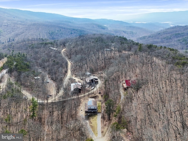 birds eye view of property with a wooded view and a mountain view