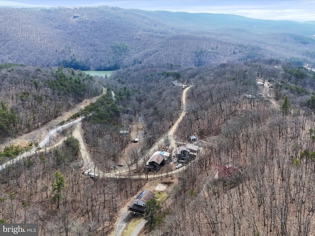 drone / aerial view with a forest view and a mountain view