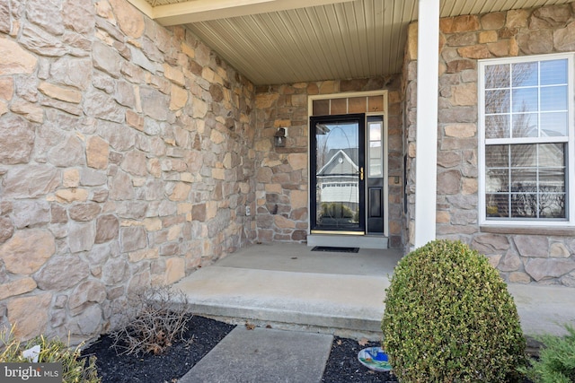 doorway to property featuring stone siding