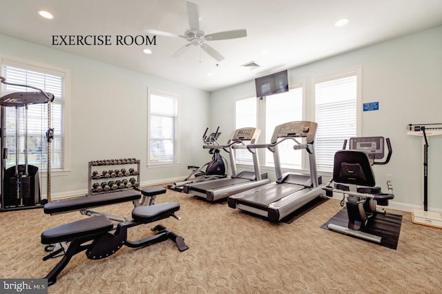 exercise room featuring a ceiling fan, carpet, visible vents, baseboards, and recessed lighting