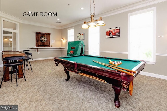 game room featuring billiards, carpet, and ornamental molding