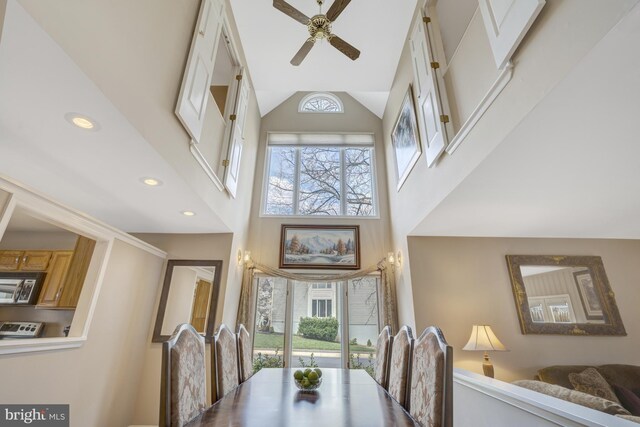 12521 N Lake Ct, Fairfax, VA 22033 - interior space with ceiling fan, high vaulted ceiling, and recessed lighting