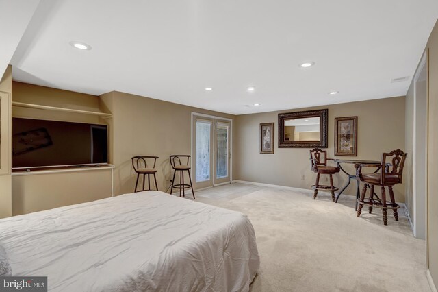 12521 N Lake Ct, Fairfax, VA 22033 - bedroom with light carpet, recessed lighting, access to exterior, and baseboards