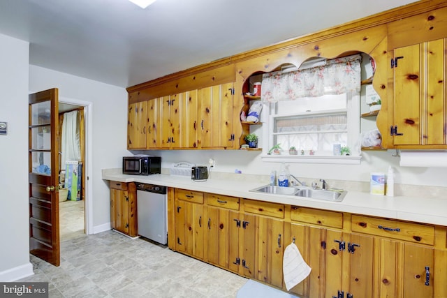 kitchen featuring open shelves, a sink, light countertops, black microwave, and dishwasher