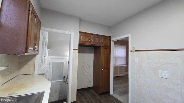 kitchen with dark wood finished floors and light countertops