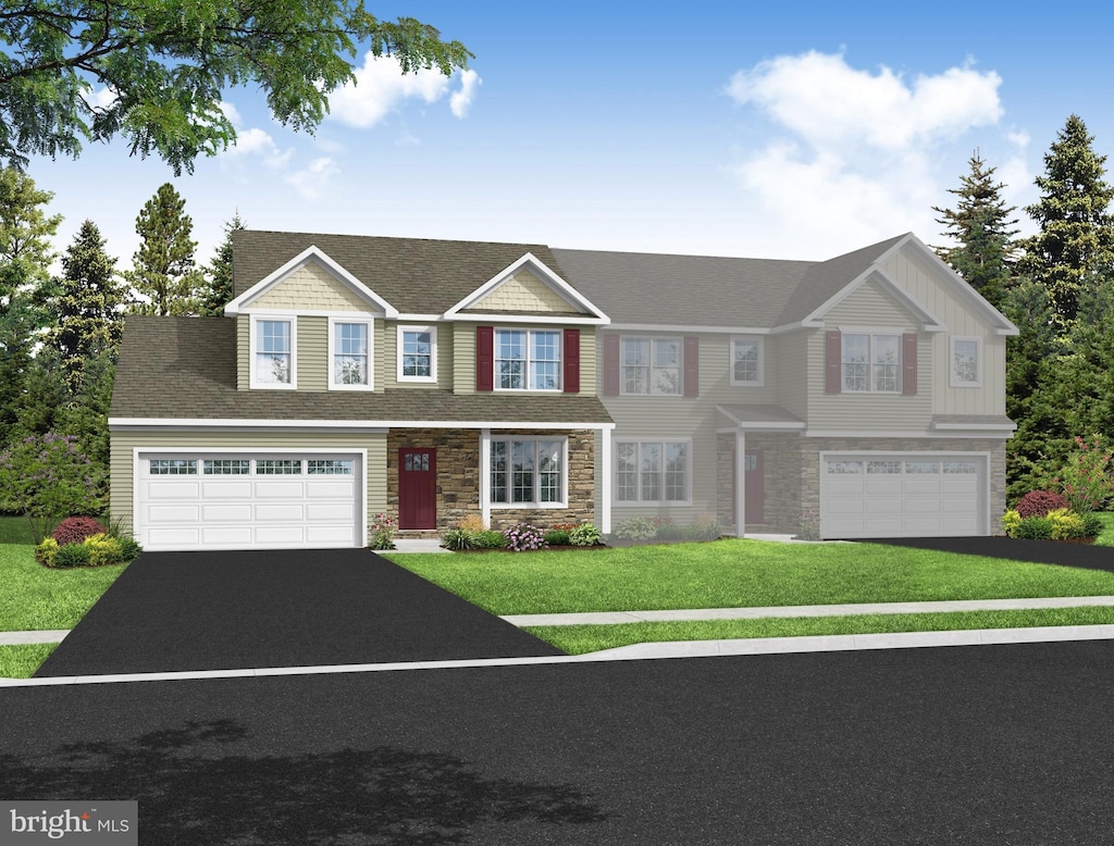 view of front of property with aphalt driveway, stone siding, a garage, and a front lawn