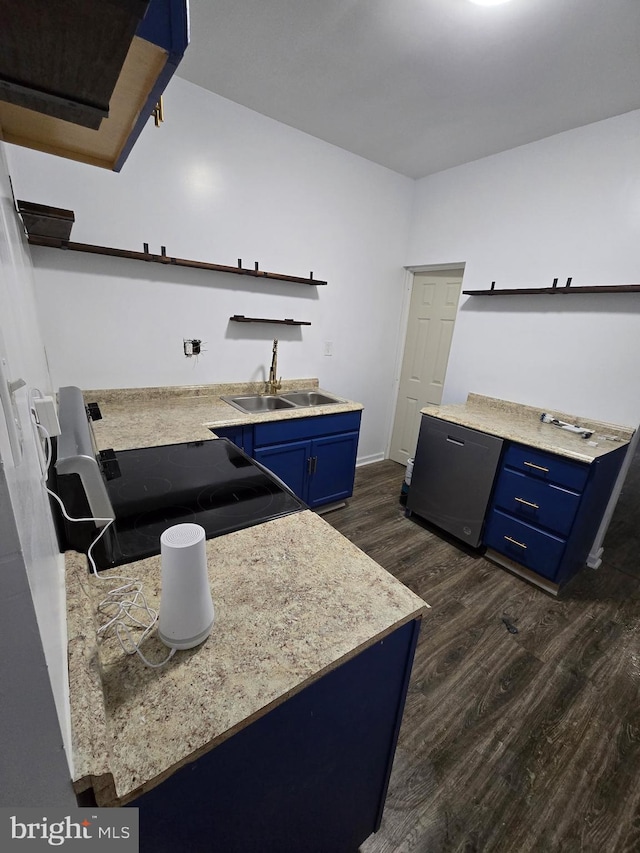 kitchen featuring blue cabinets, open shelves, a sink, black range with electric cooktop, and dark wood finished floors