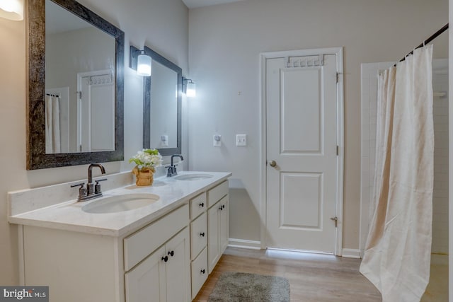 bathroom with a sink, baseboards, wood finished floors, and double vanity