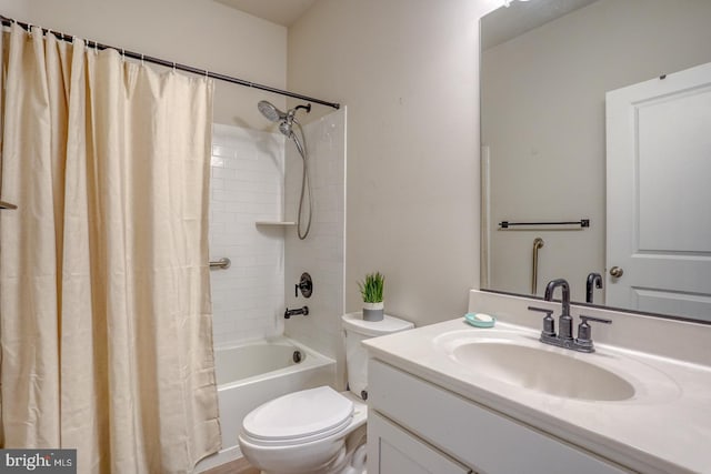 full bath with shower / bath combination with curtain, toilet, and vanity