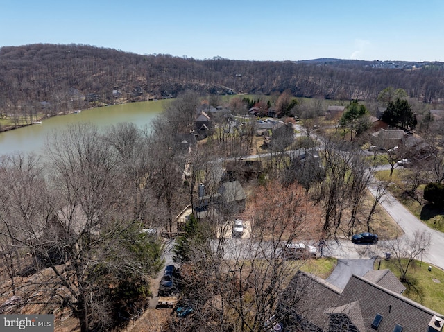 aerial view featuring a water view and a wooded view