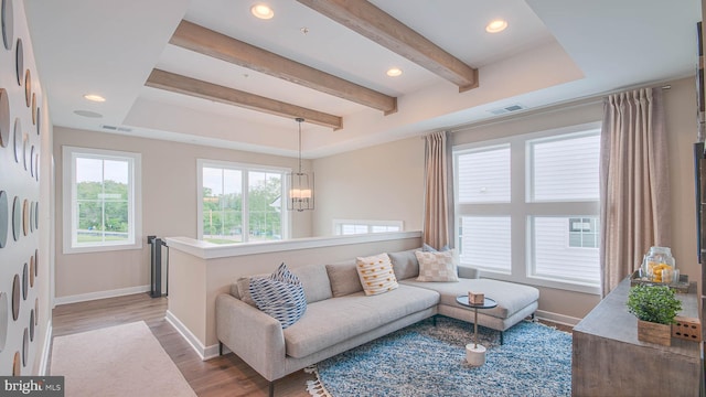 202 Cahill Ln, Severna Park, MD 21146 - living room with baseboards, visible vents, wood finished floors, and beam ceiling