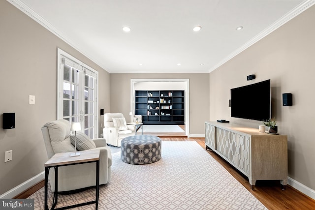 3517 Woodbine St, Chevy Chase, MD 20815 - living area featuring baseboards, ornamental molding, recessed lighting, and dark wood-type flooring