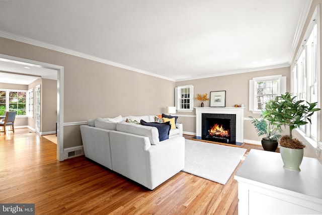 3517 Woodbine St, Chevy Chase, MD 20815 - living area with crown molding, light wood-style flooring, visible vents, and a fireplace