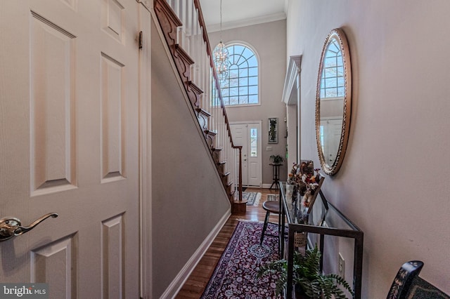 foyer featuring baseboards, a high ceiling, stairs, dark wood-type flooring, and crown molding