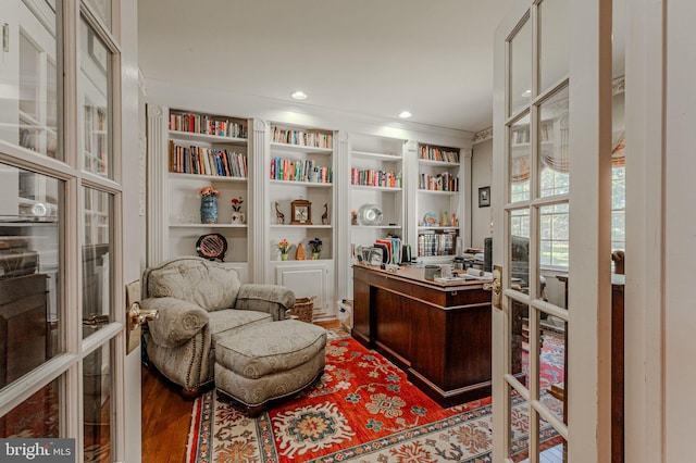 office area with recessed lighting, wood finished floors, and ornamental molding