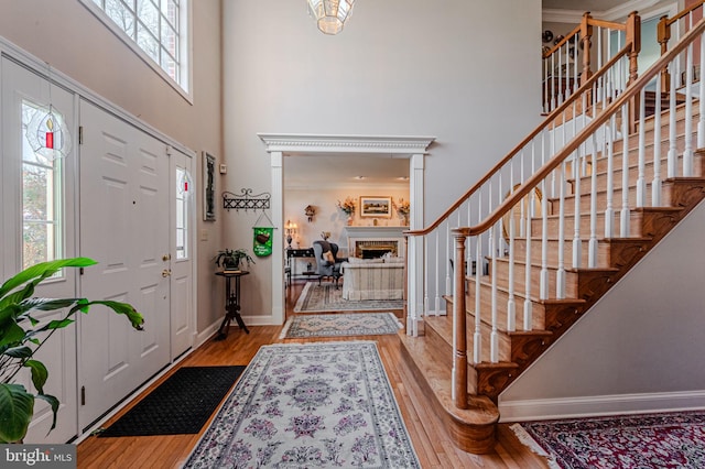 entrance foyer with a high ceiling, a healthy amount of sunlight, and wood-type flooring