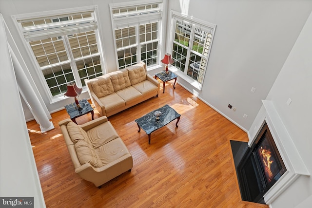living room featuring wood finished floors, baseboards, and a lit fireplace