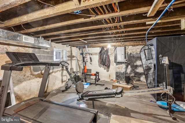 workout room featuring electric panel and visible vents