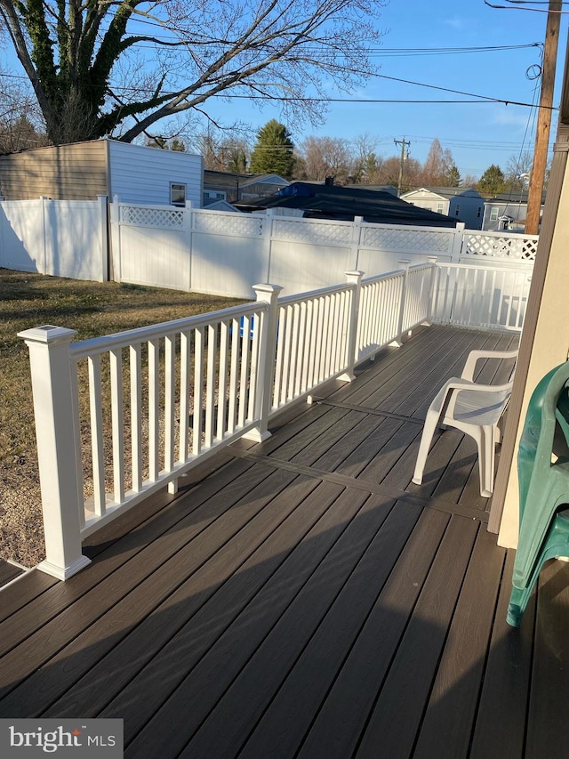 wooden terrace with a fenced backyard