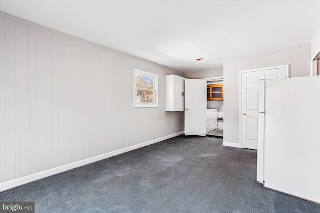 12703 Kembridge Dr, Bowie, MD 20715 - unfurnished bedroom with freestanding refrigerator, independent washer and dryer, dark carpet, and baseboards