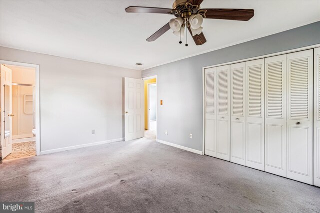 12703 Kembridge Dr, Bowie, MD 20715 - unfurnished bedroom with carpet flooring, baseboards, a closet, connected bathroom, and ceiling fan