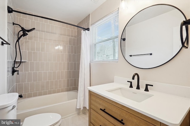 bathroom featuring vanity, toilet, and shower / tub combo with curtain