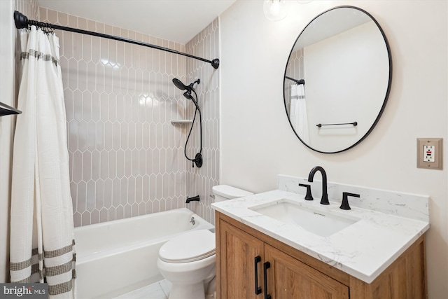 bathroom featuring vanity, toilet, and shower / bathtub combination with curtain