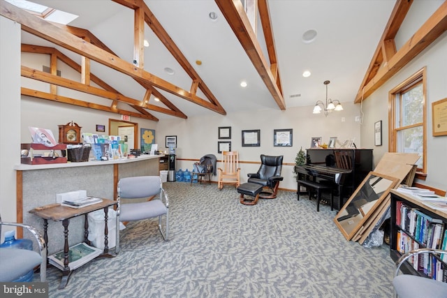 interior space featuring beamed ceiling, recessed lighting, a skylight, and an inviting chandelier