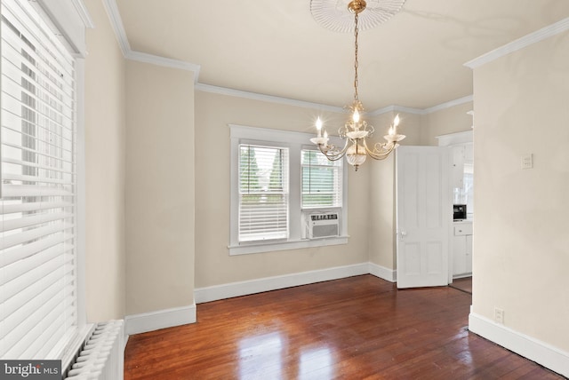 2621 2nd Rd N, Arlington, VA 22201 - unfurnished dining area with baseboards, dark wood-style floors, a notable chandelier, and ornamental molding