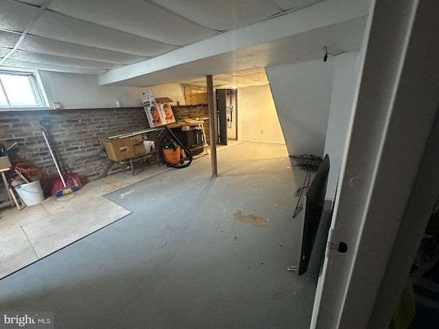 basement with brick wall