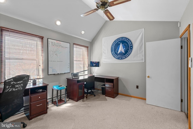 carpeted office with baseboards, lofted ceiling, and ceiling fan