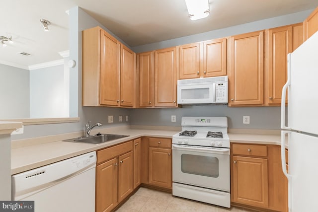 kitchen with a sink, white appliances, crown molding, light countertops, and light tile patterned floors