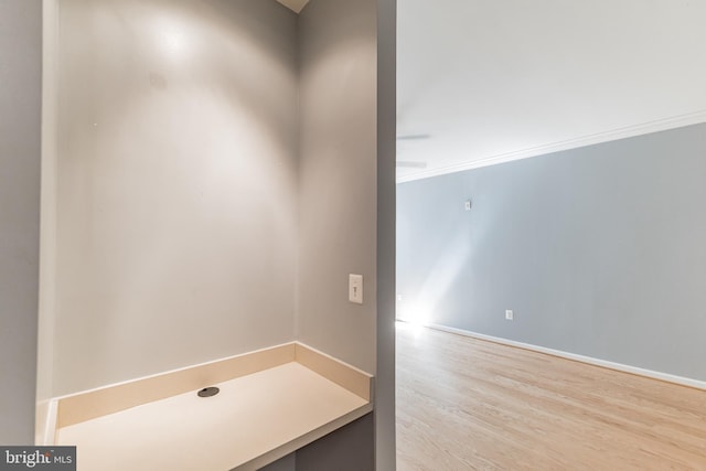 bathroom with wood finished floors, baseboards, and ornamental molding