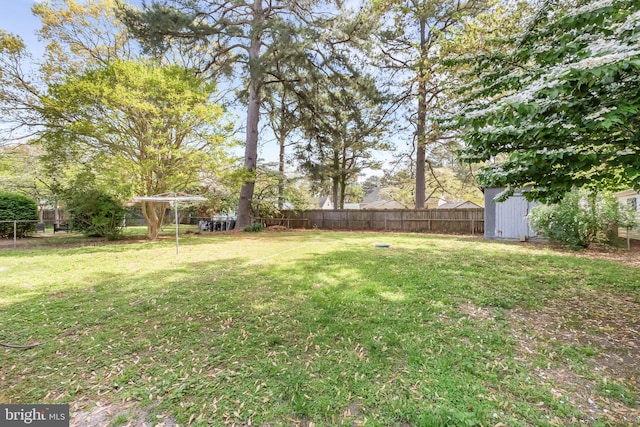 view of yard featuring a storage unit, a fenced backyard, and an outbuilding