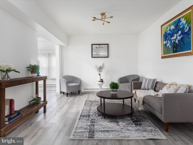 living room with a baseboard heating unit and wood finished floors