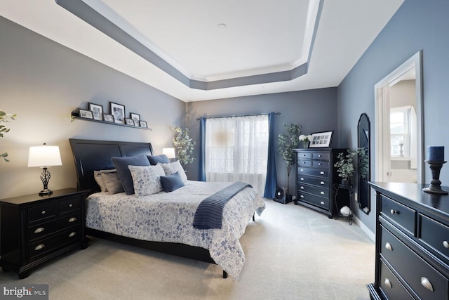 bedroom with a tray ceiling, multiple windows, and light colored carpet