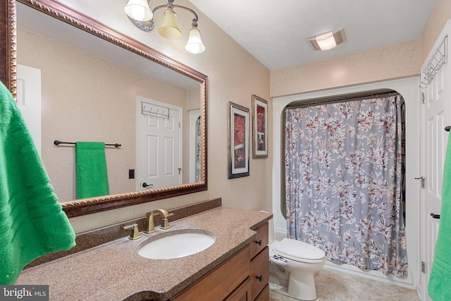 full bathroom with shower / bathtub combination with curtain, vanity, tile patterned flooring, visible vents, and toilet