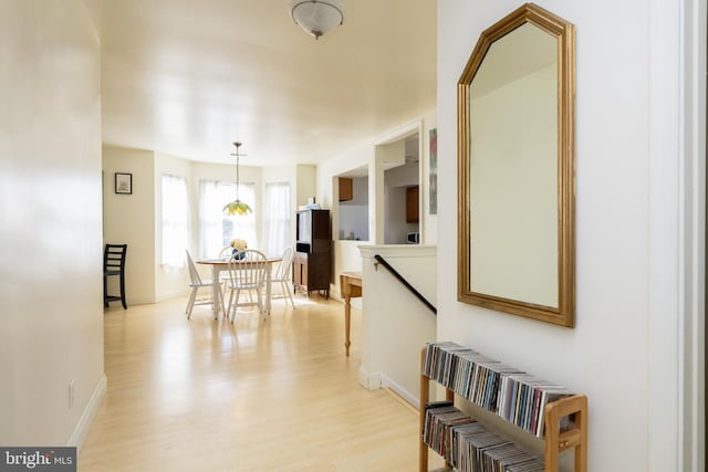 dining room with baseboards, radiator heating unit, and light wood-style floors