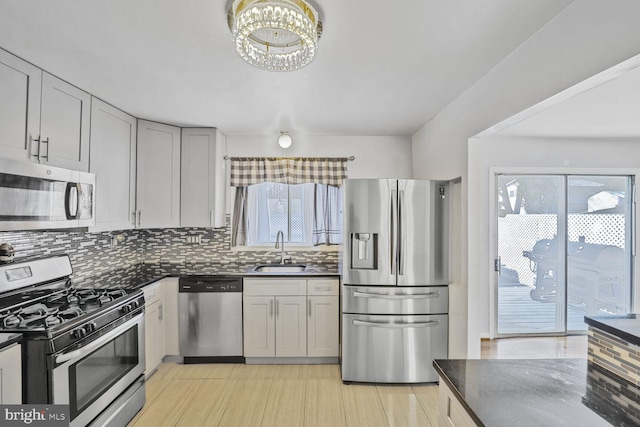 kitchen featuring decorative backsplash, dark countertops, appliances with stainless steel finishes, and a sink