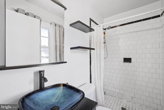 full bathroom with a shower stall, toilet, and a sink