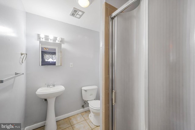 full bathroom with visible vents, baseboards, a stall shower, tile patterned floors, and toilet