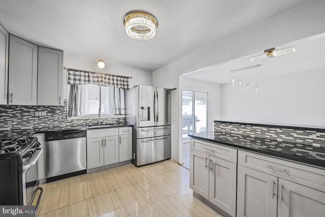 kitchen with a sink, dark countertops, a wealth of natural light, and stainless steel appliances