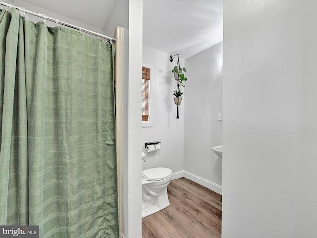 bathroom featuring a shower with shower curtain, toilet, wood finished floors, and baseboards